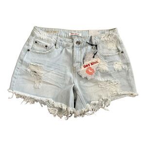 Hot Kiss Mid Rise Midi Ripped Distressed Stone Washed Denim Shorts SZ 10 BNWT